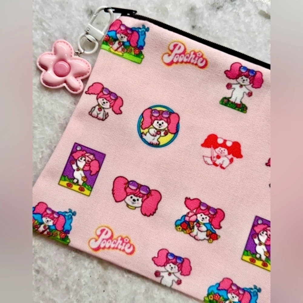 New Retro 80s Style Poochie Dog Pink Makeup Tech Pencil Bag w/ Charm - 8.5” x 6”